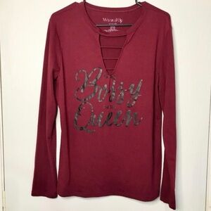 Only Wine Red Long Sleeve Ladder-Neck Tee with Bossy Queen' Script Juniors 19